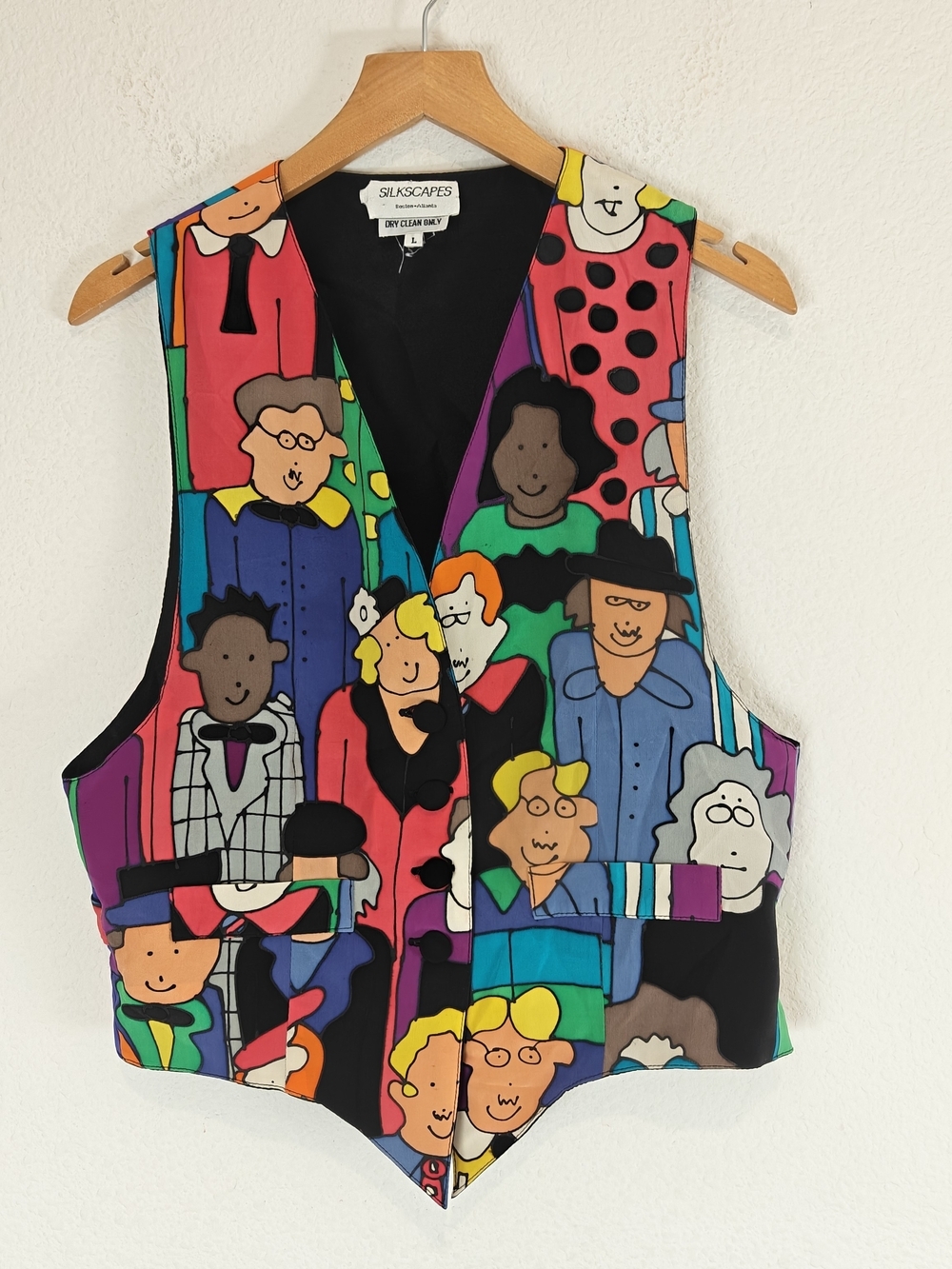 VTG 80s Silkscapes Hand-Painted Pop Art Silk Tie-Back Vest Colorful Faces